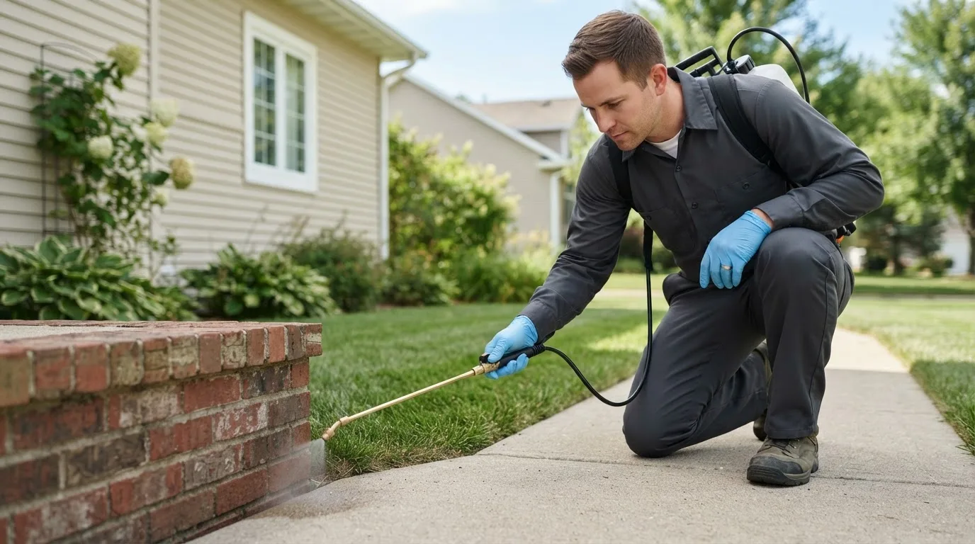Pest control technician treating a home near Brooks, ME