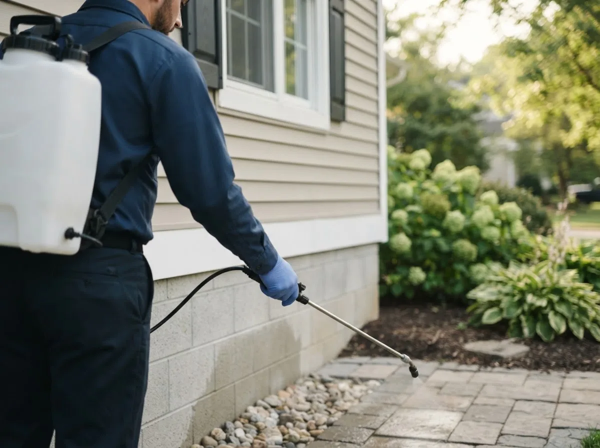 Pest control technician inspecting a home in Brooks, ME